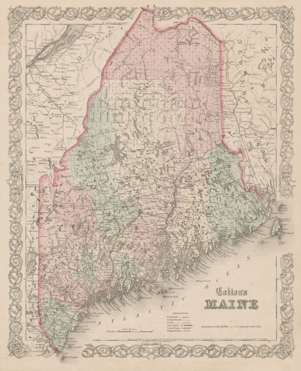 "Colton's Maine". Decorative antique US state map 1863 old chart