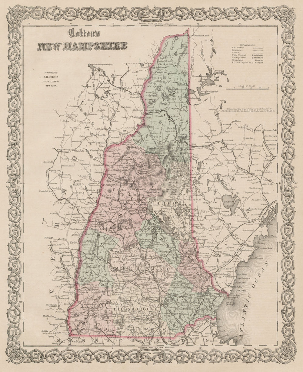 "Colton's New Hampshire". Decorative antique US state map 1863 old