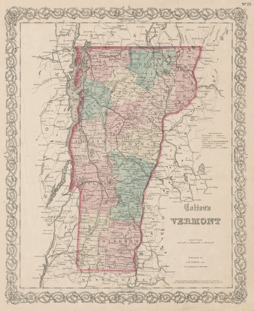 "Colton's Vermont". Decorative antique US state map 1863 old chart