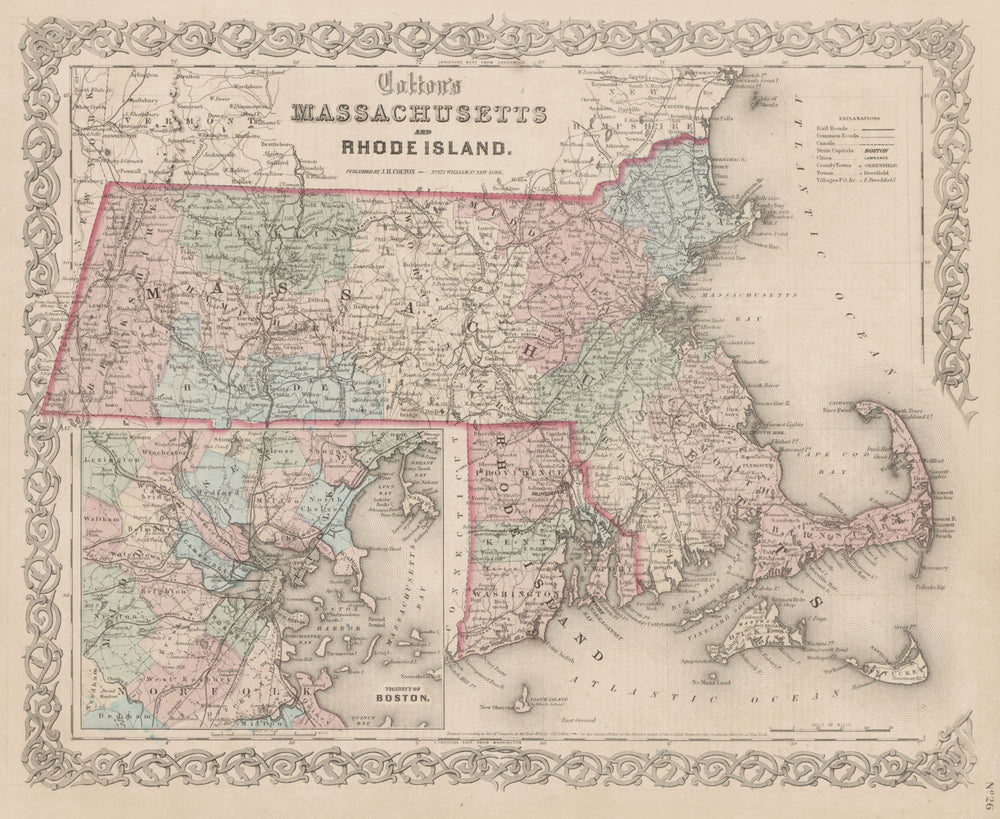 "Colton's Massachusetts & Rhode Island". Antique US state map. Boston 1863