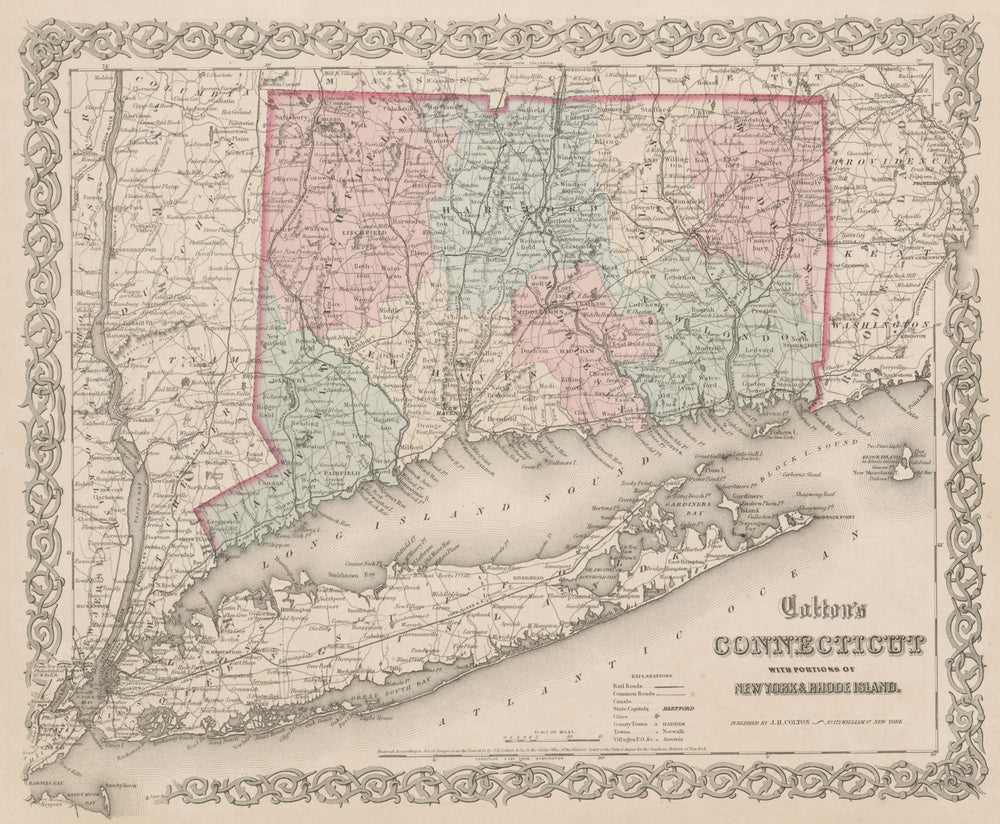 Colton's Connecticut with portions of New York & Rhode Island. Long Is. 1863 map