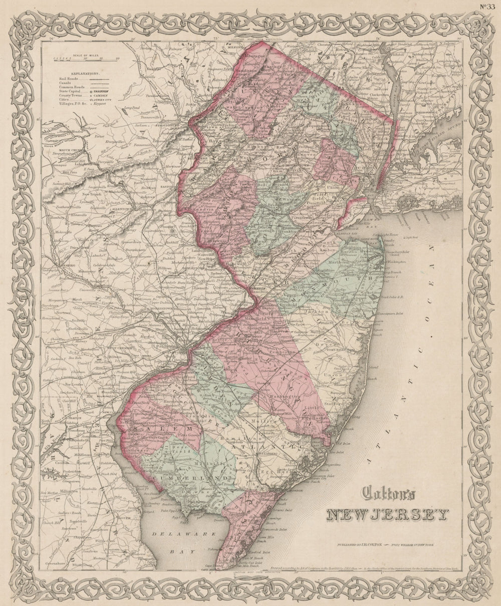 "Colton's New Jersey". Decorative antique US state map 1863 old