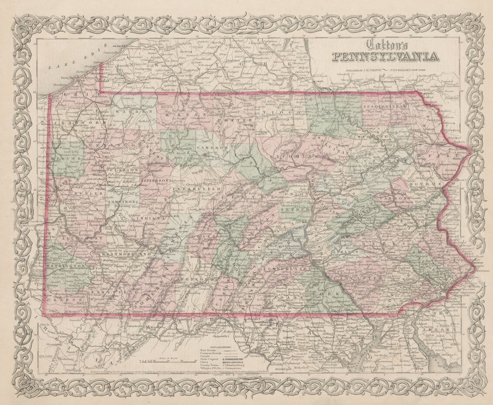 "Colton's Pennsylvania". Decorative antique US state map 1863 old