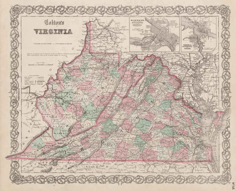 "Colton's Virginia". Antique US state map. Richmond & Norfolk inset 1863