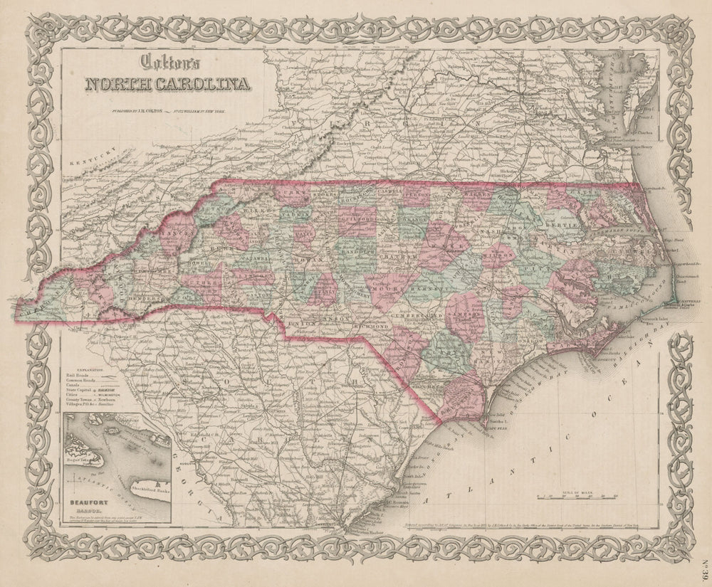 "Colton's North Carolina". Decorative antique US state map 1863 old
