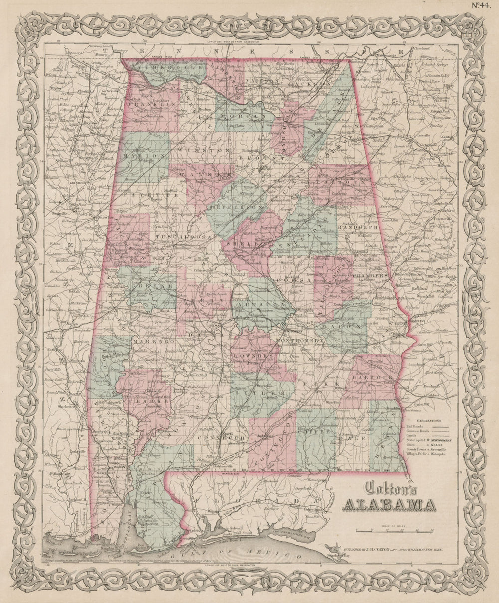 "Colton's Alabama". Decorative antique US state map 1863 old chart
