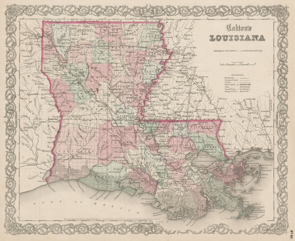 "Colton's Louisiana". Decorative antique US state map 1863 old