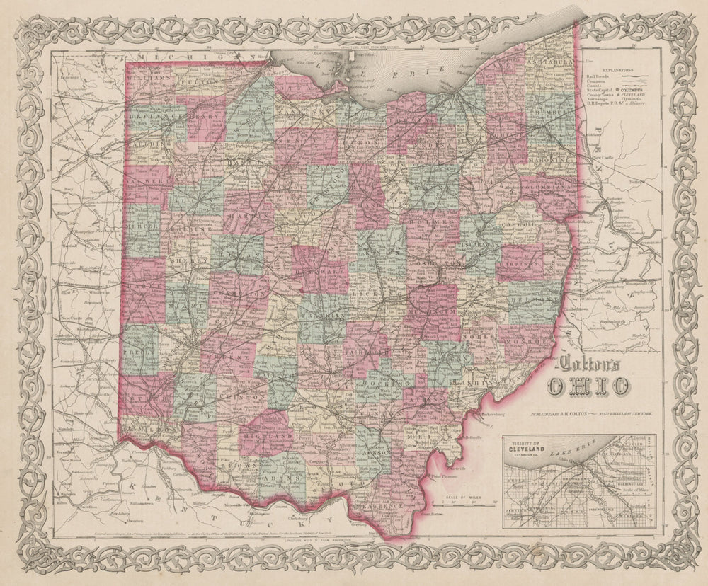 "Colton's Ohio". Decorative antique US state map 1863 old chart