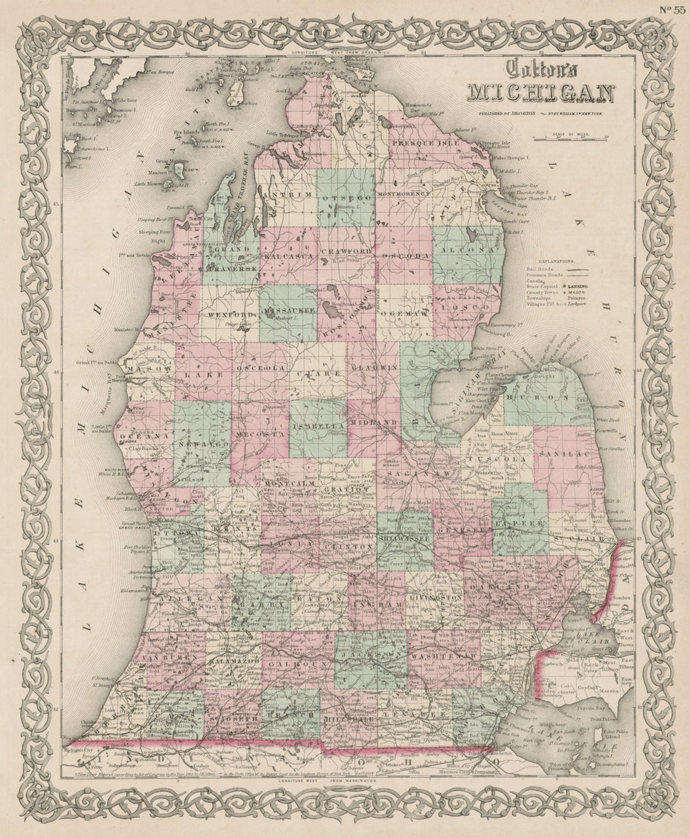 "Colton's Michigan". Decorative antique US state map 1863 old