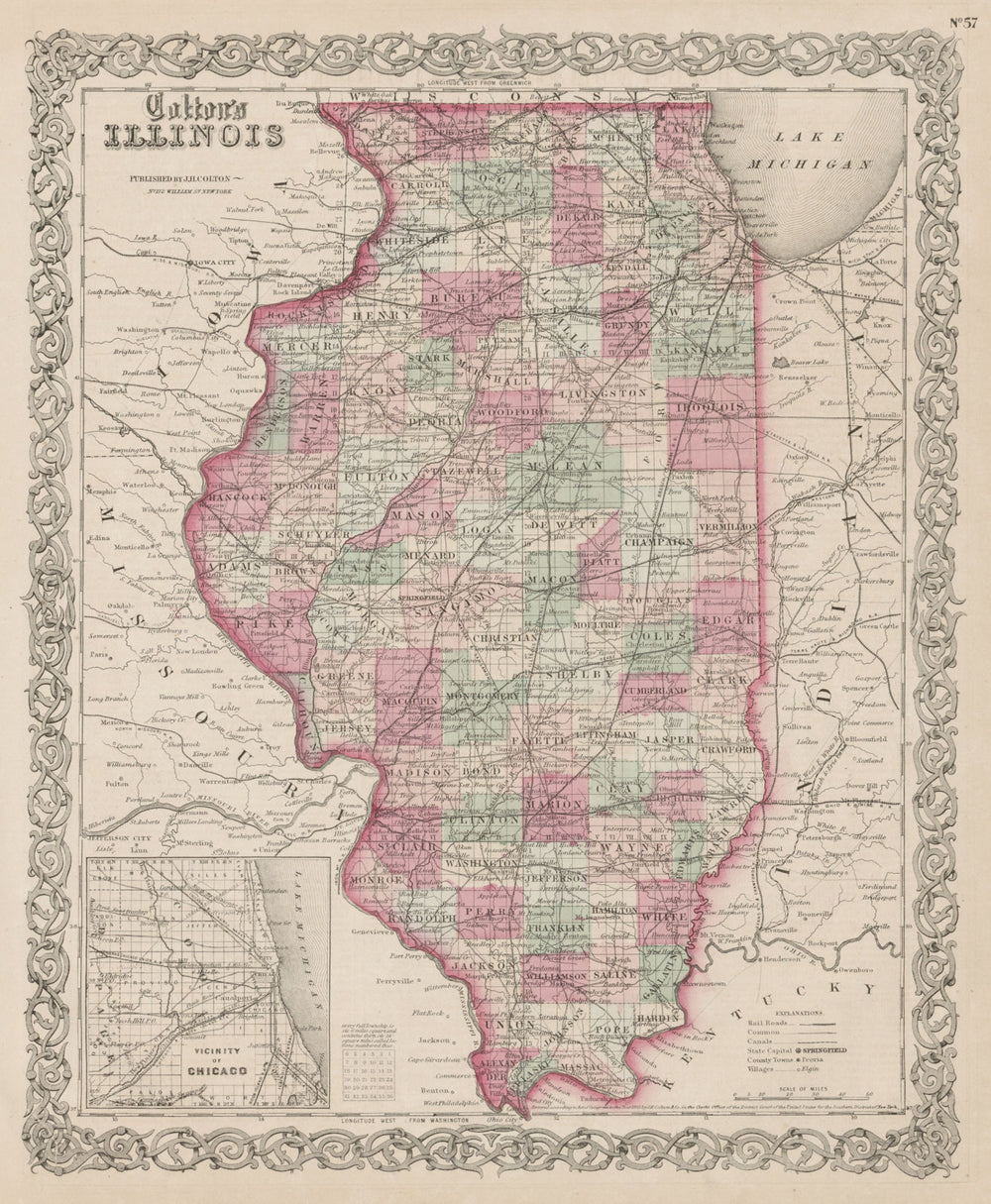 "Colton's Illinois". Decorative antique US state map 1863 old