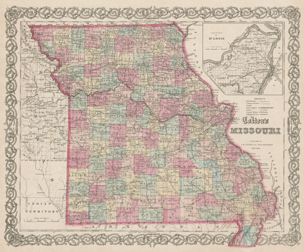 "Colton's Missouri". Decorative antique US state map 1863 old