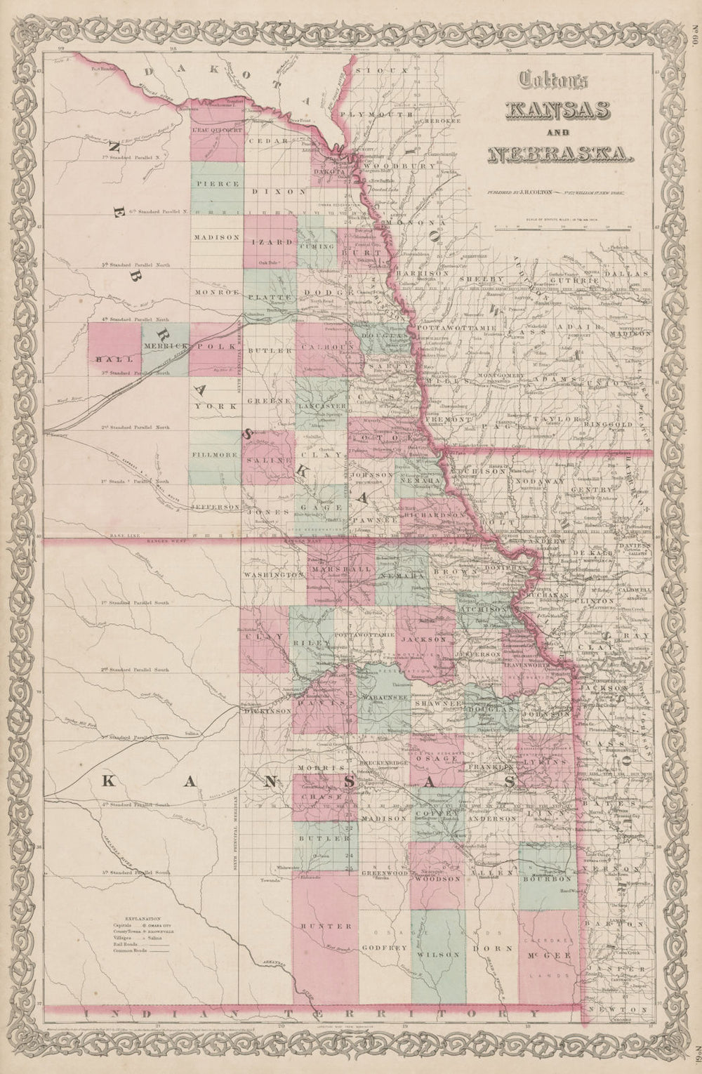 "Colton's Kansas and Nebraska". Decorative antique US state map 1863 old