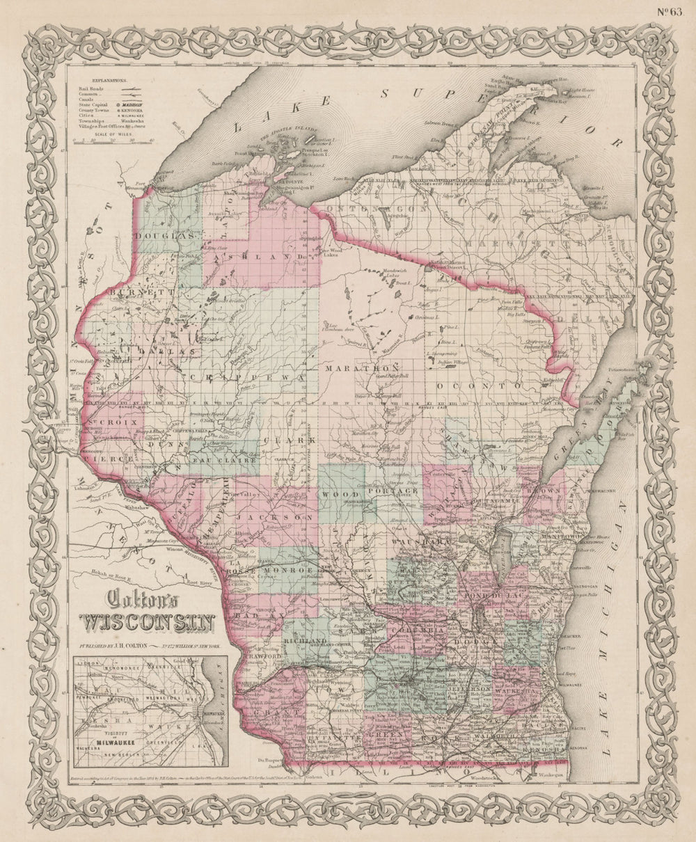 "Colton's Wisconsin". Decorative antique US state map 1863 old