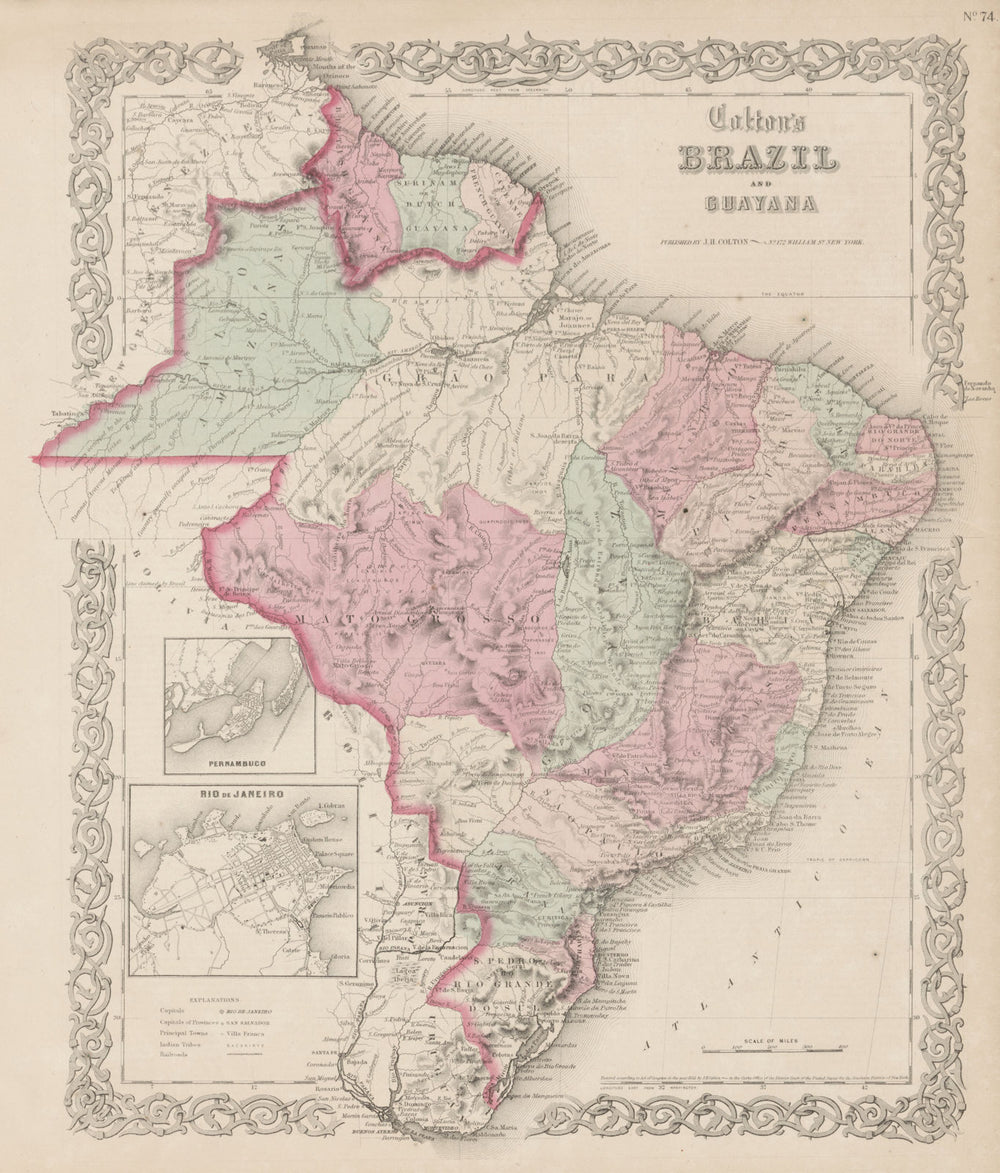 "Colton's Brazil & Guayana". Rio de Janeiro plan. Guyanas. Antique map 1863