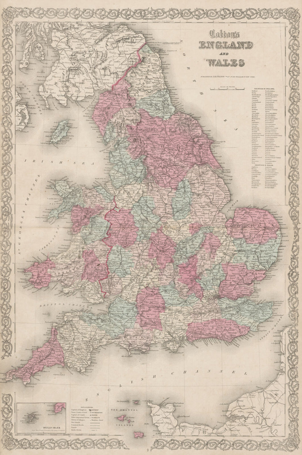 "Colton's England and Wales" in counties. Decorative antique map 1863 old