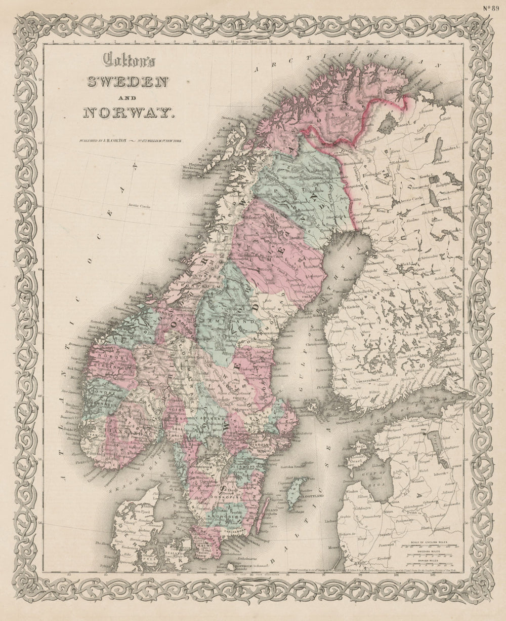 "Colton's Sweden and Norway". Decorative antique map. Scandinavia 1863 old