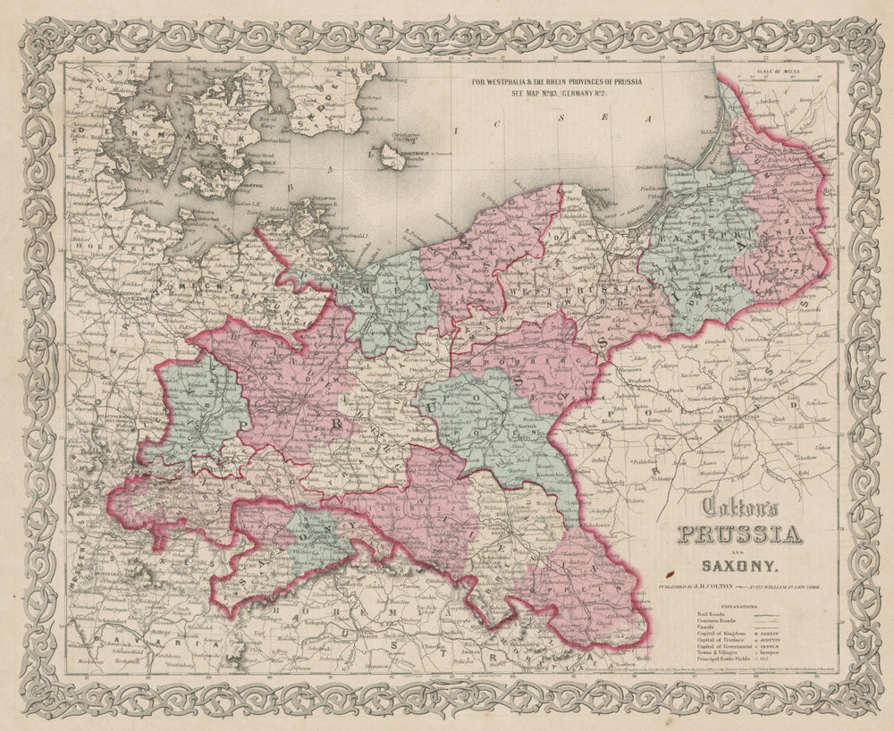 "Colton's Prussia and Saxony". Eastern Germany & Northwest Poland 1863 old map