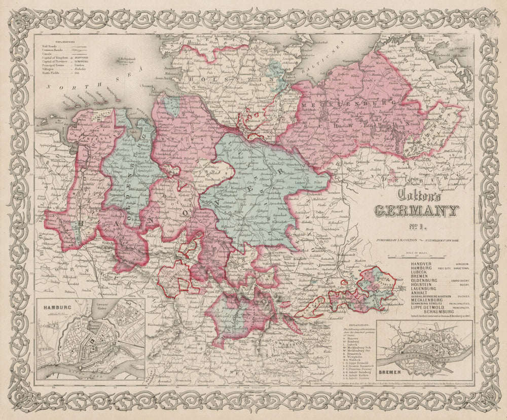 "Colton's Germany No 1". Hamburg & Bremen plans. Northern Germany 1863 old map