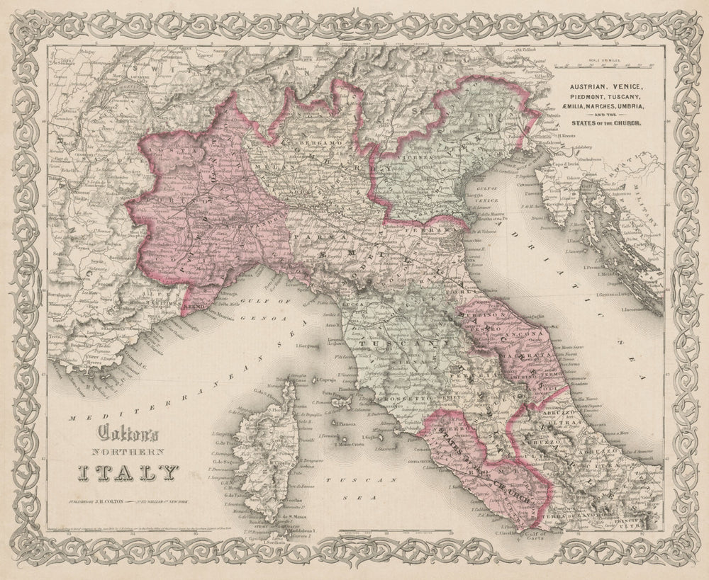"Colton's Northern Italy". Tuscany Piedmont Lombardy Venice 1863 old map