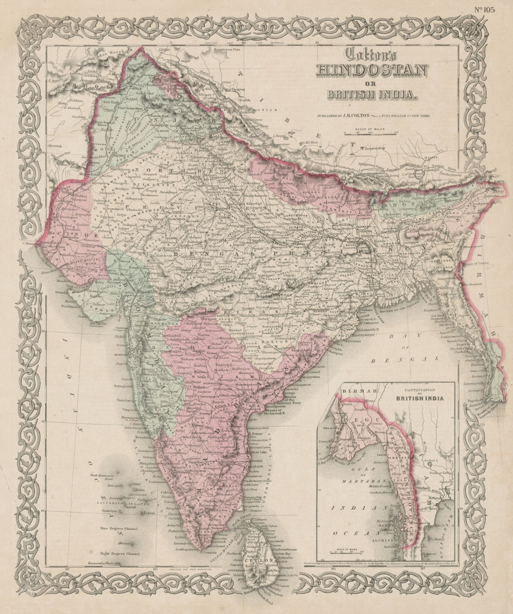 "Colton's Hindostan or British India". Nepal Burma Bhutan Ceylon 1863 old map