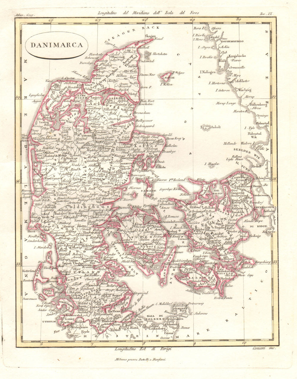 Danimarca. Antique map of Denmark by CANIANI 1820 old plan chart