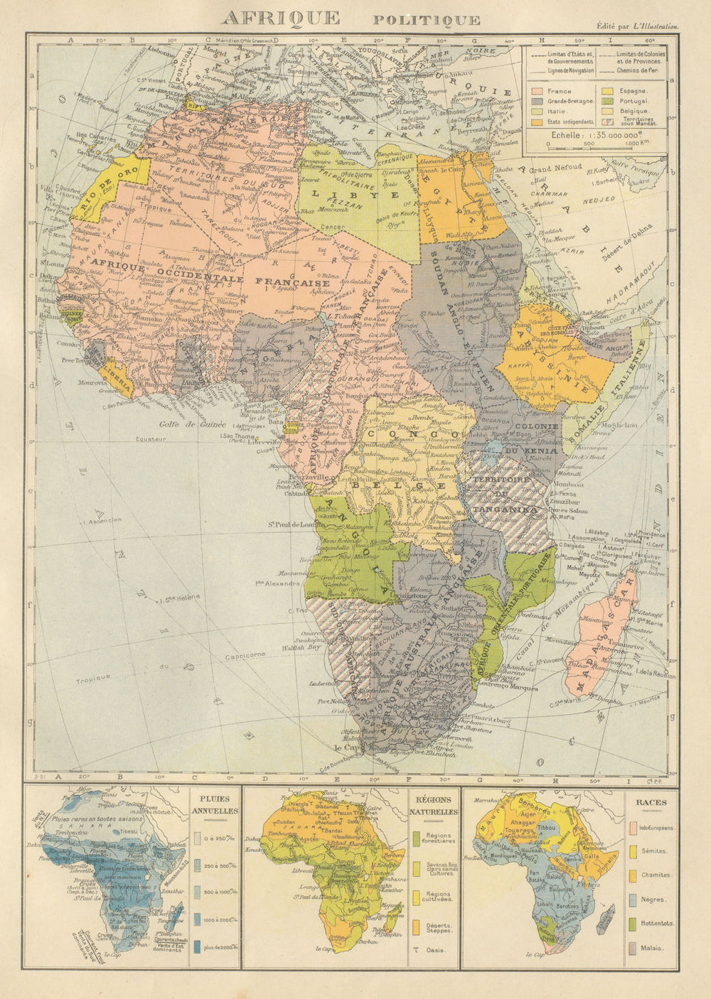 COLONIAL AFRICA Afrique. League of Nations Mandates. Ethnicity 1931 old map