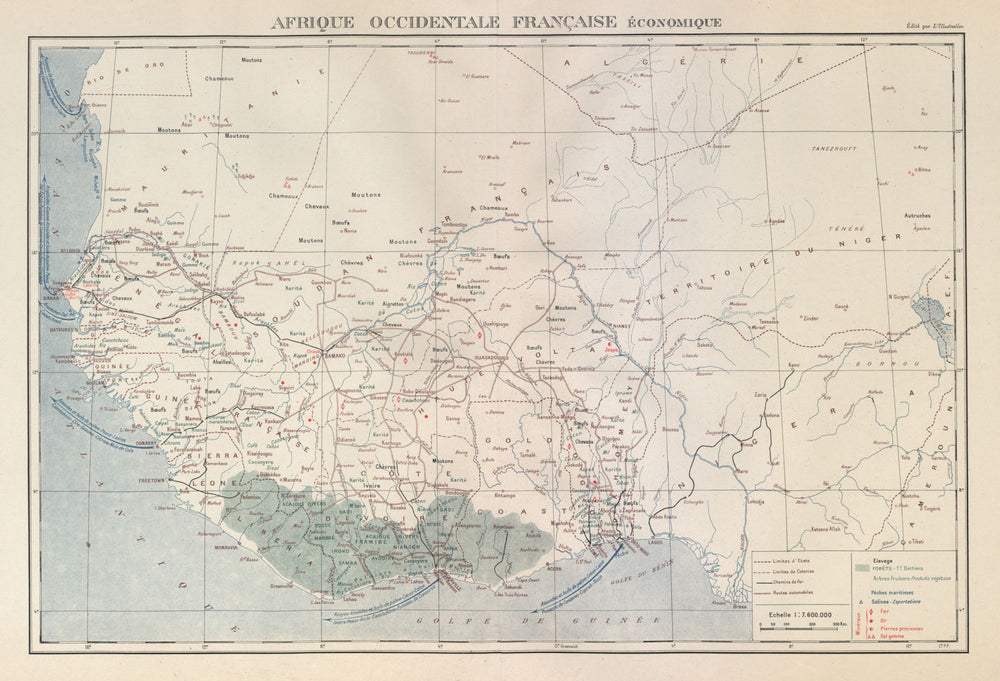 FRENCH WEST AFRICA RESOURCES. Afrique Occidentale Française economique 1931 map
