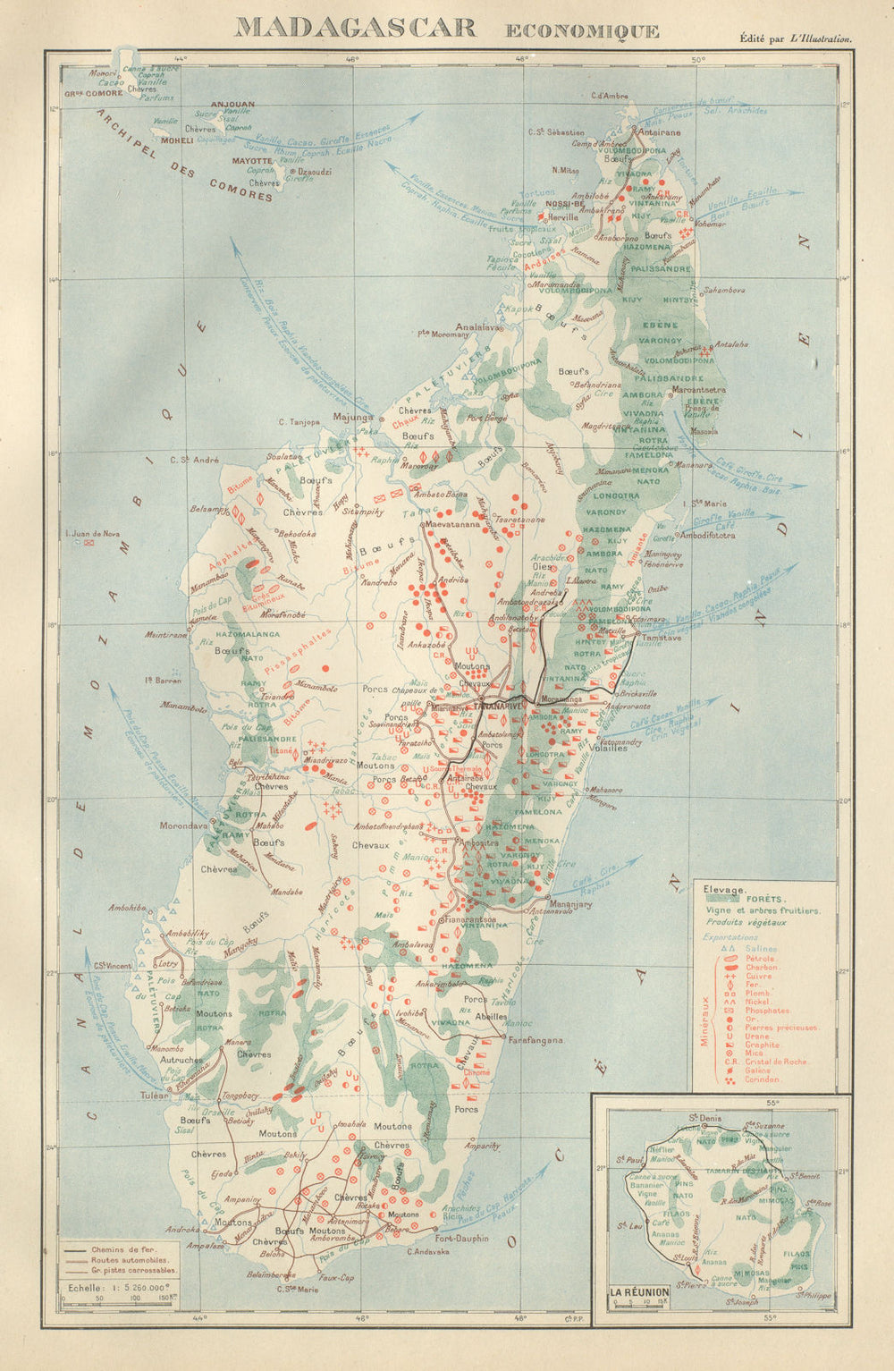 COLONIAL MADAGASCAR RESOURCES. Minerals Economique. Inset La Réunion 1931 map