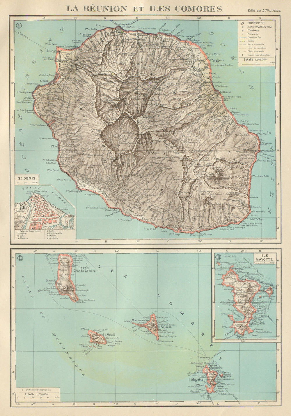 FRENCH INDIAN OCEAN ISLANDS La Réunion Comores/Comoros Mayotte St Denis 1931 map
