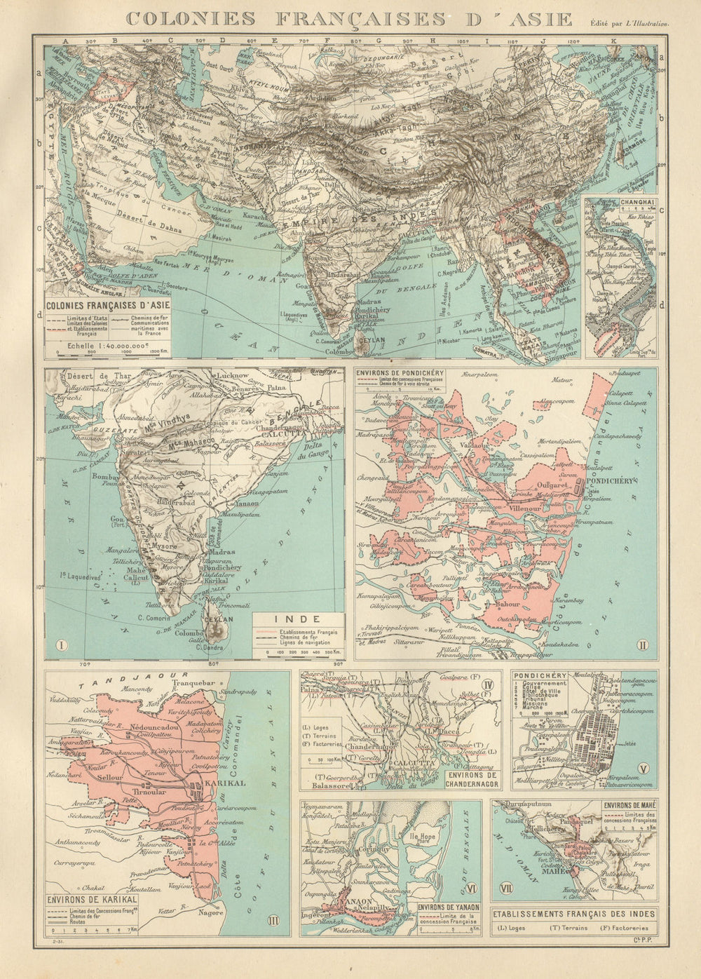 FRENCH INDIA Indes français Pondichéry Karikal Yanaon Chandernagor Mahé 1931 map