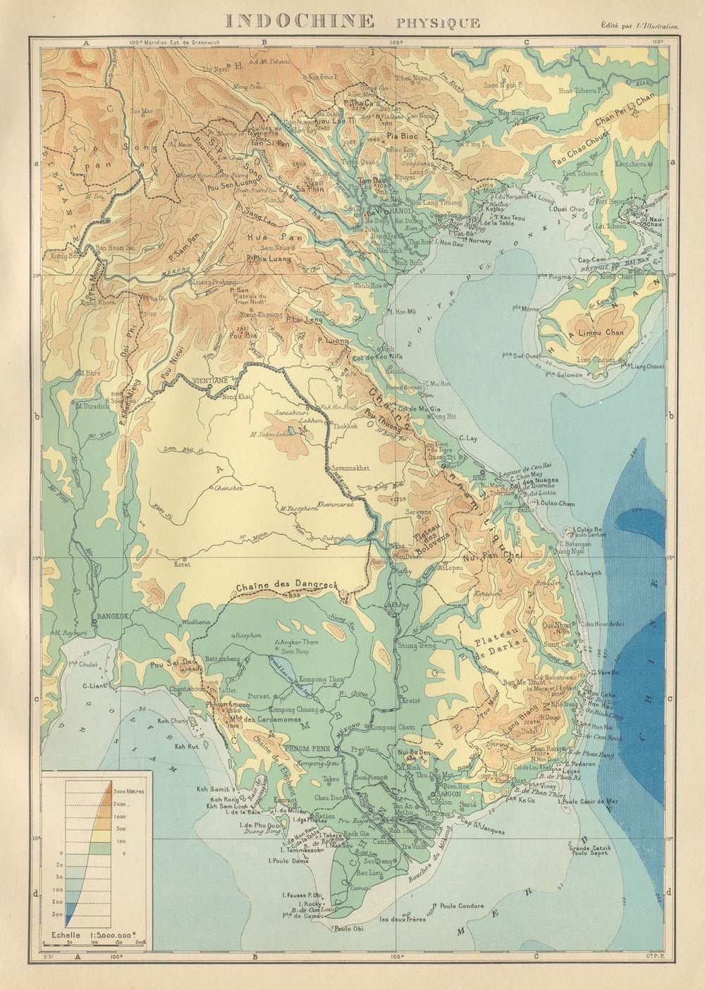 COLONIAL FRENCH INDOCHINA. Indochine française. Physique. Physical 1931 map