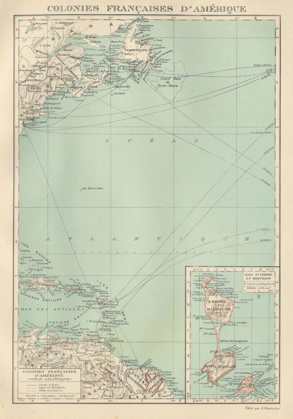 FRENCH AMERICAS. Colonies Françaises d' Amerique. St-Pierre et Miquelon 1931 map