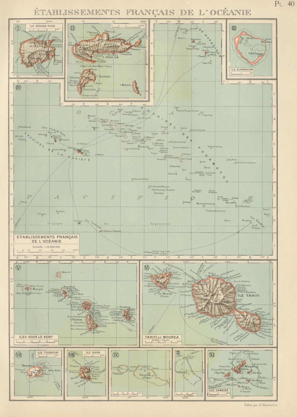FRENCH POLYNESIA. Polynésie française. Tahiti Moorea Nuka Hiva Oa 1931 old map