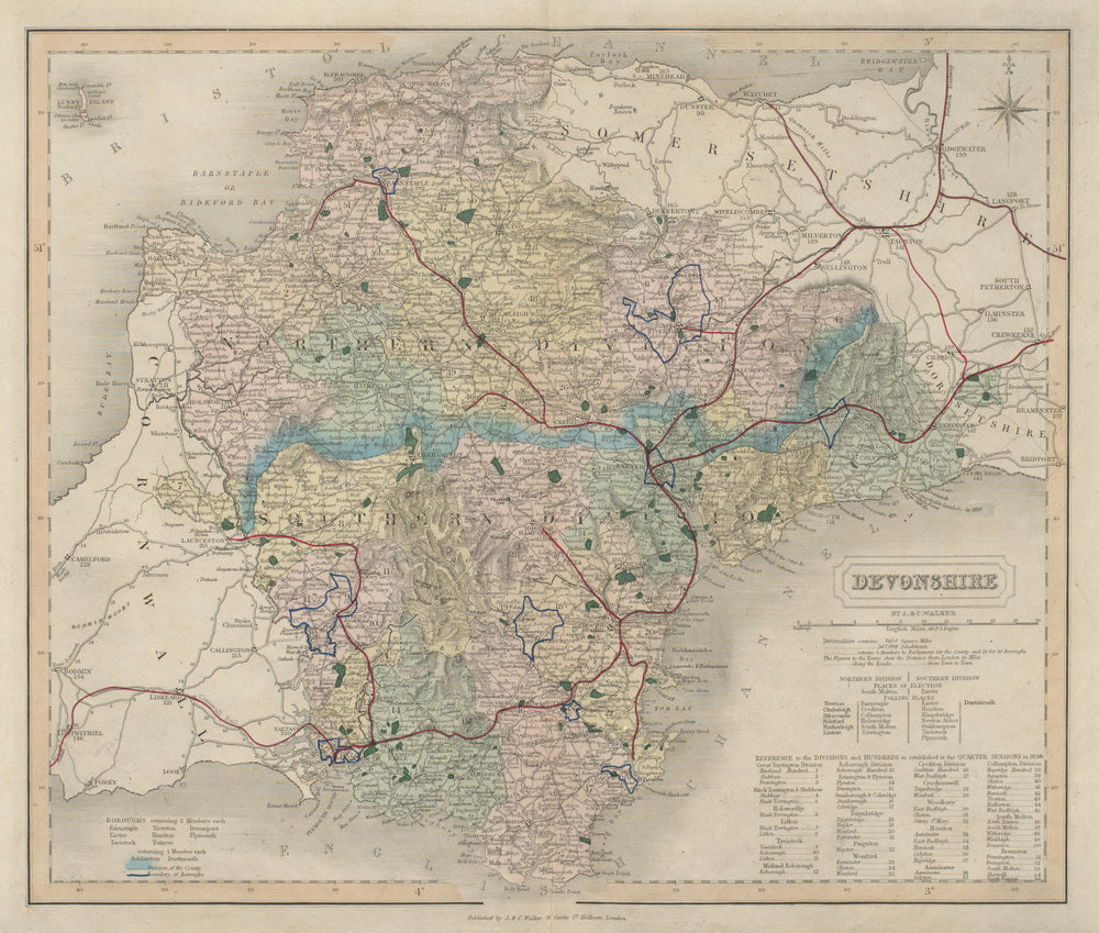 Devonshire antique county map by J & C Walker. Railways & boroughs 1868