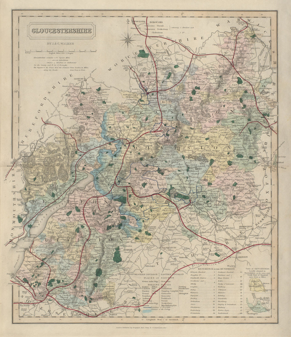 Gloucestershire antique county map by J & C Walker. Railways & boroughs 1868
