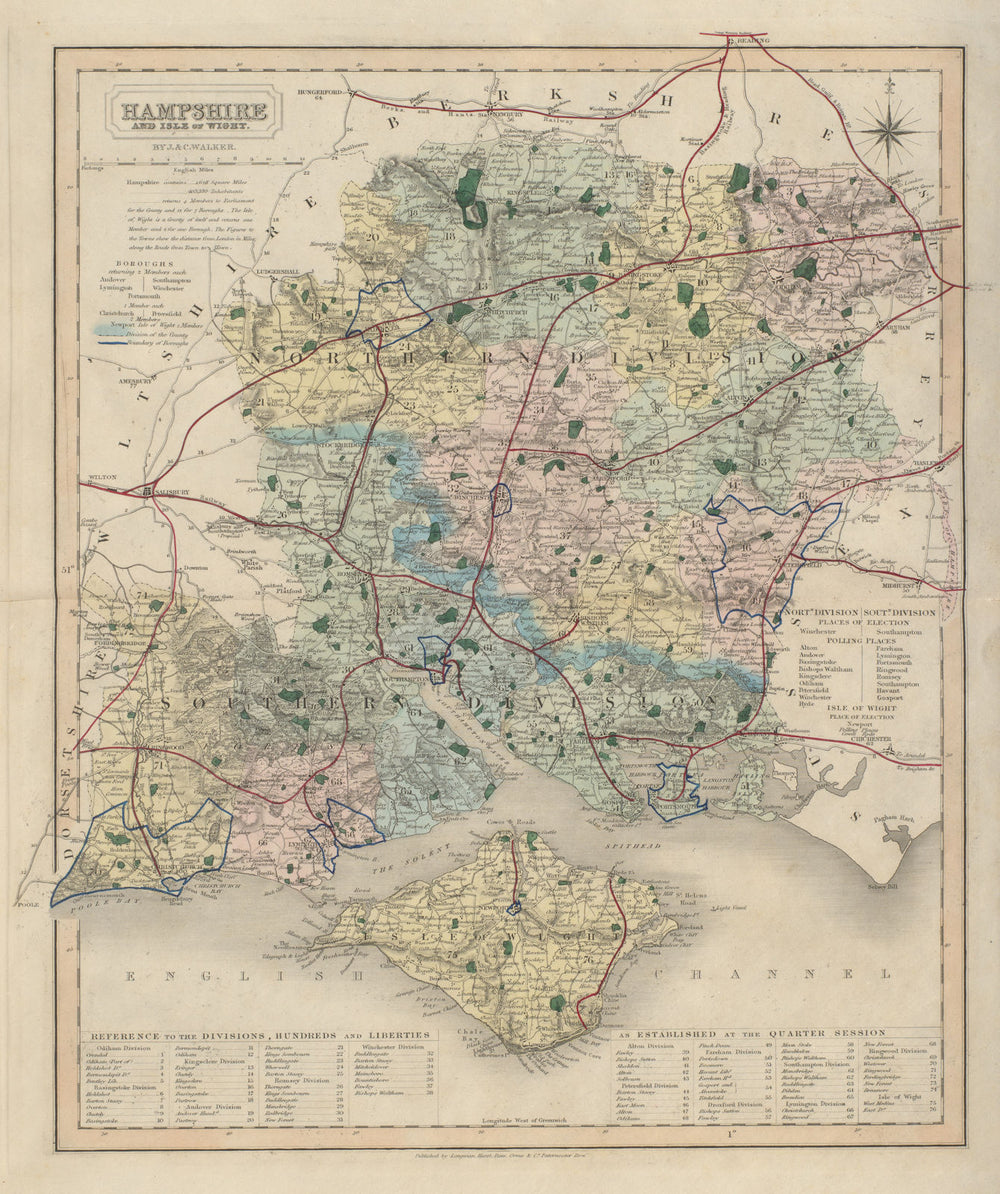 Hampshire antique county map by J & C Walker. Railways & boroughs 1868 old