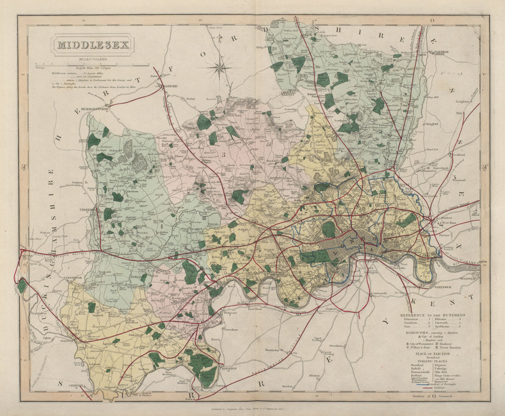 Middlesex antique county map by J & C Walker. Railways & boroughs 1868 old