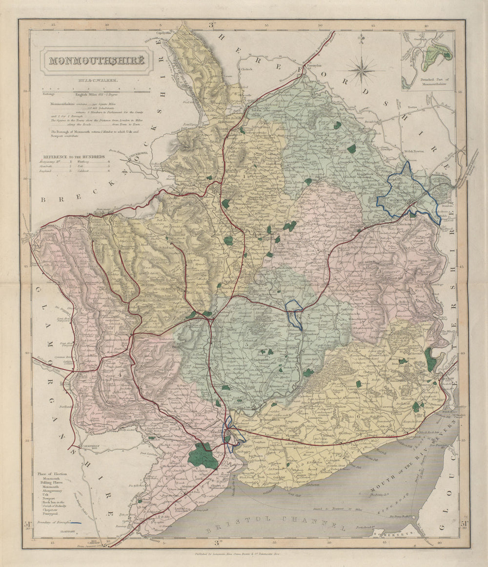 Monmouthshire antique county map by J & C Walker. Railways & boroughs 1868