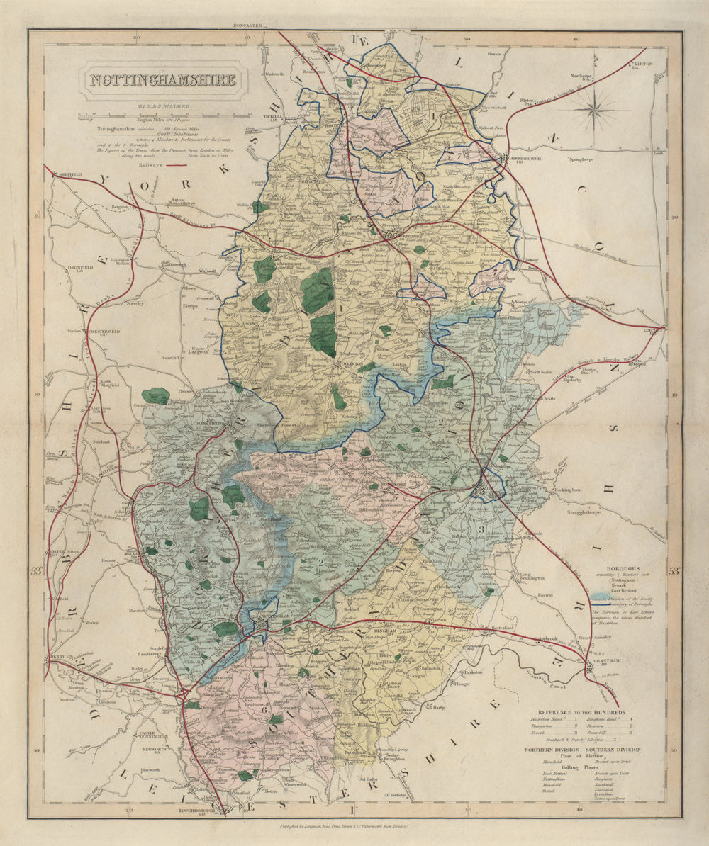 Nottinghamshire antique county map by J & C Walker. Railways & boroughs 1868