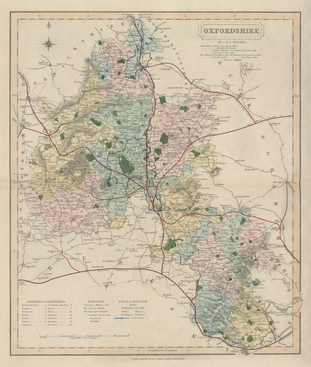 Oxfordshire antique county map by J & C Walker. Railways & boroughs 1868
