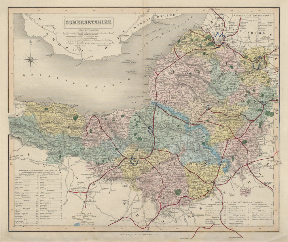 Somersetshire antique county map by J & C Walker. Railways & boroughs 1868