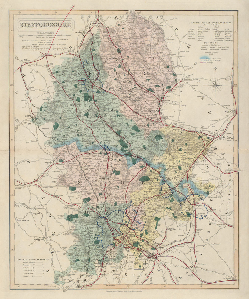 Staffordshire antique county map by J & C Walker. Railways & boroughs 1868
