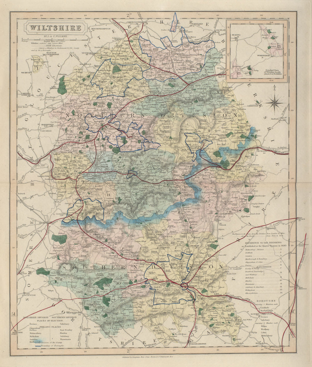 Wiltshire antique county map by J & C Walker. Railways & boroughs 1868 old