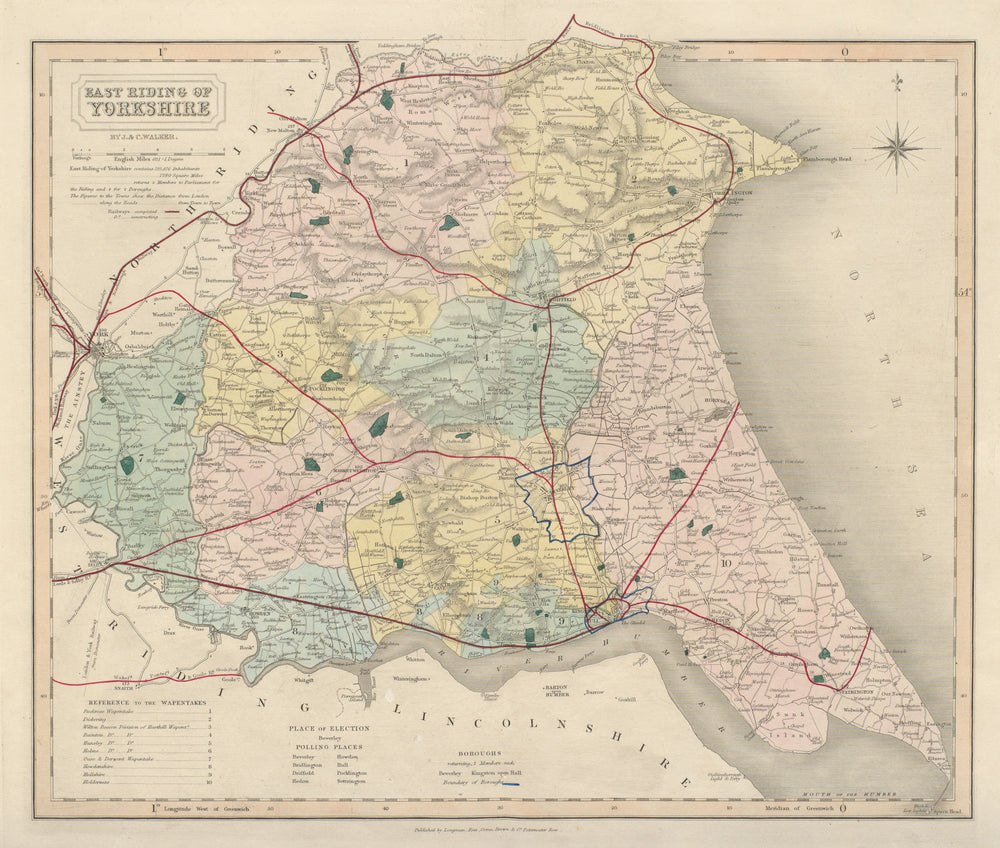 East Riding of Yorkshire antique county map by J & C Walker. Railways 1868