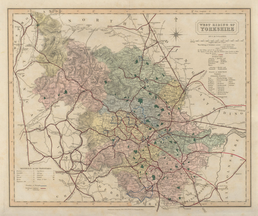 West Riding of Yorkshire antique county map by J & C Walker. Railways 1868