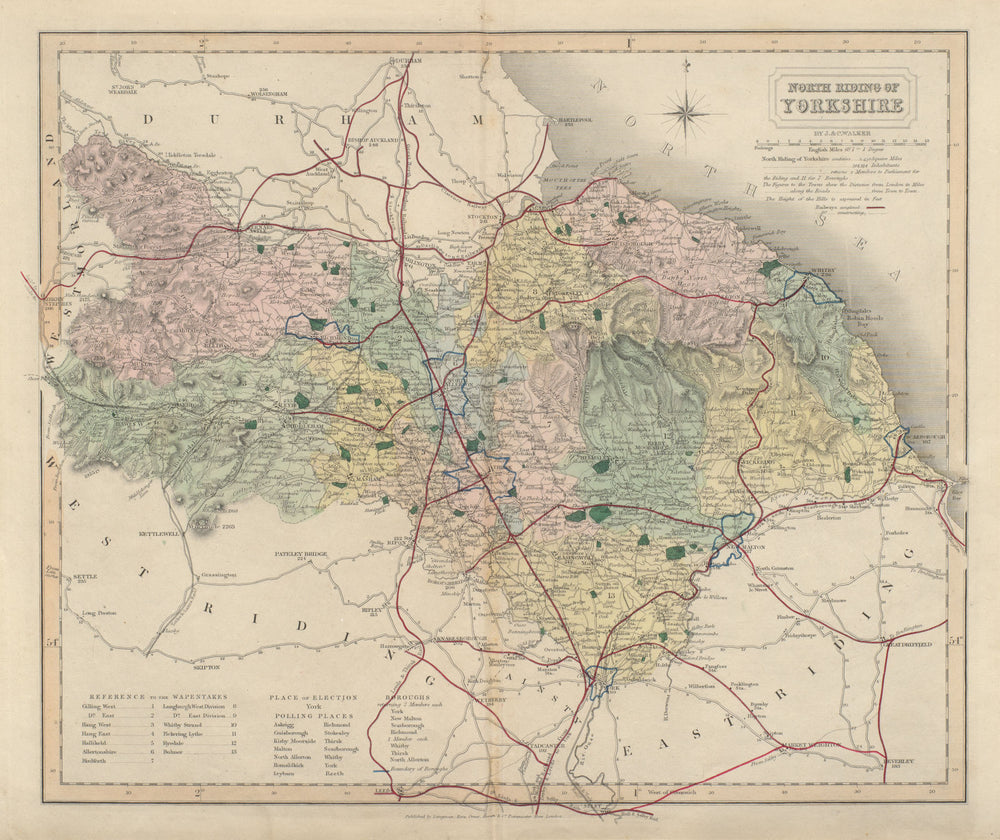 North Riding of Yorkshire antique county map by J & C Walker. Railways 1868