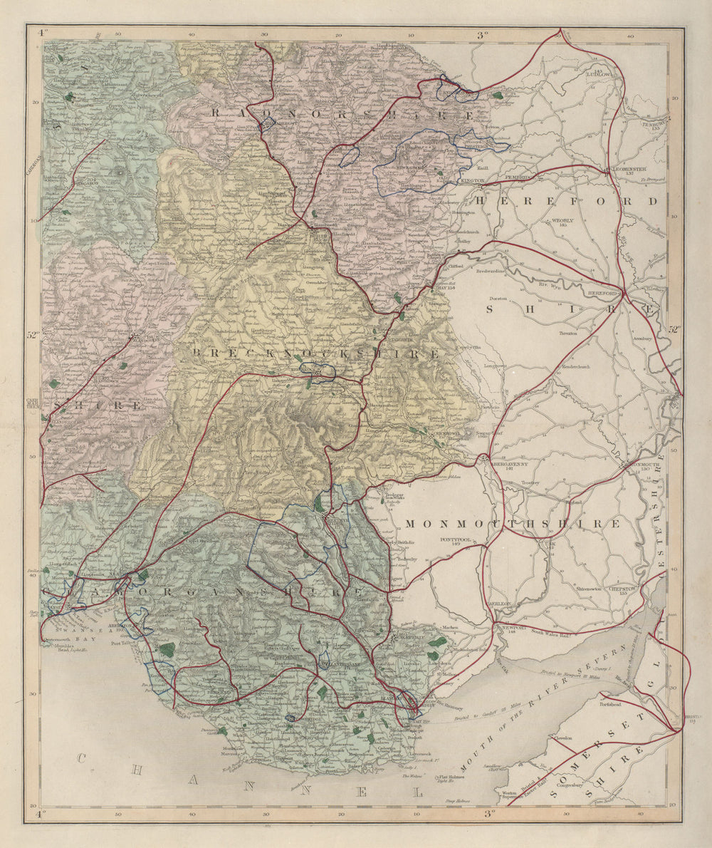 Radnorshire Brecknockshire Glamorganshire antique map. WALKER. Railways 1868