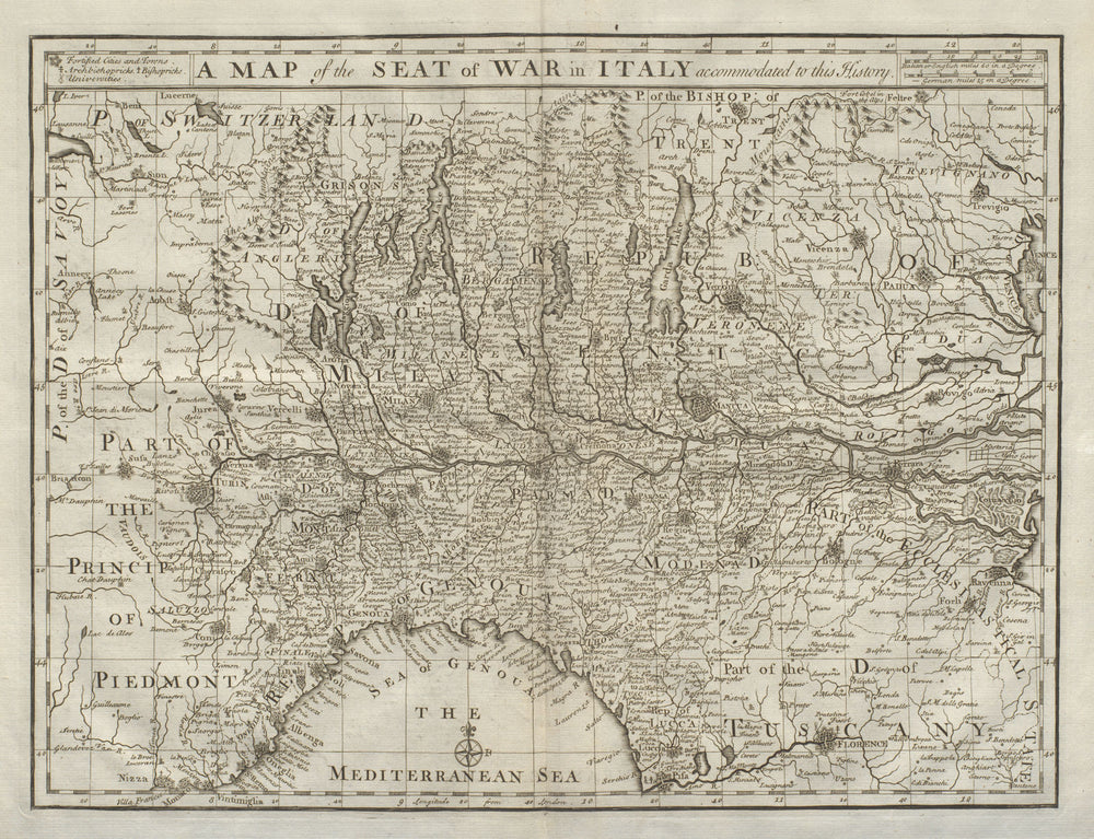 A map of the seat of war in Italy accommodated to this History. DU BOSC 1736