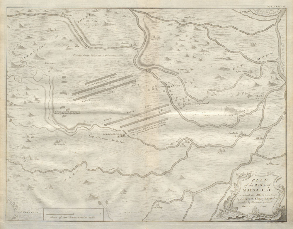Plan of the Battle of Marsaille. Catinat. 1702. Macello, Turin. DU BOSC 1736 map