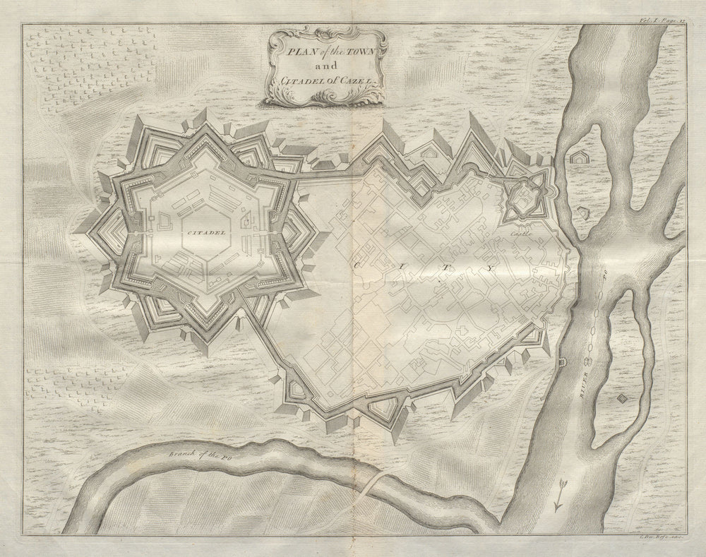 The Town & Citadel of Cazel. Casale Monferrato, Piedmont. DU BOSC 1736 old map
